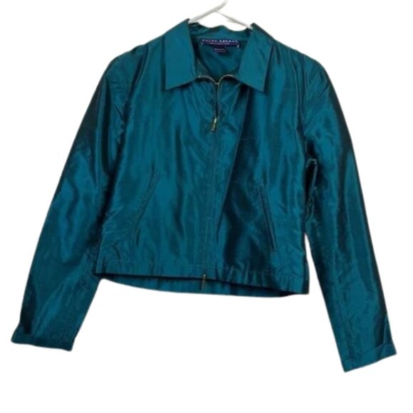 Ralph Lauren Women's Vintage Metallic Zip-Up Motto Blue Jacket.‎ Size 8. - Picture 1 of 16